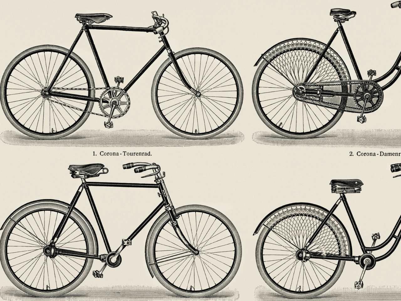 Line drawings of four antique touring bicycles.